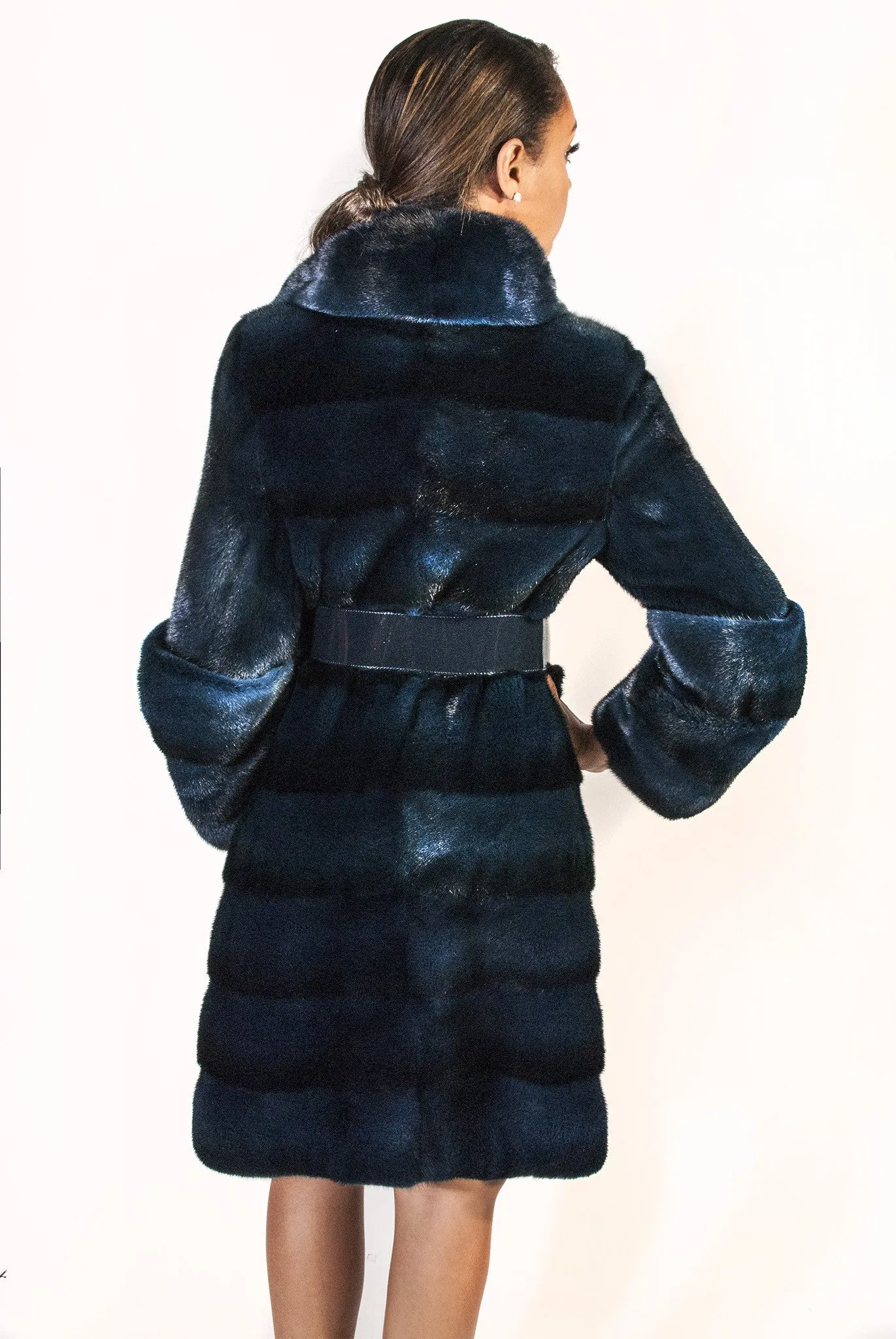 Diagonal Mink Coat with Belt and Full Collar