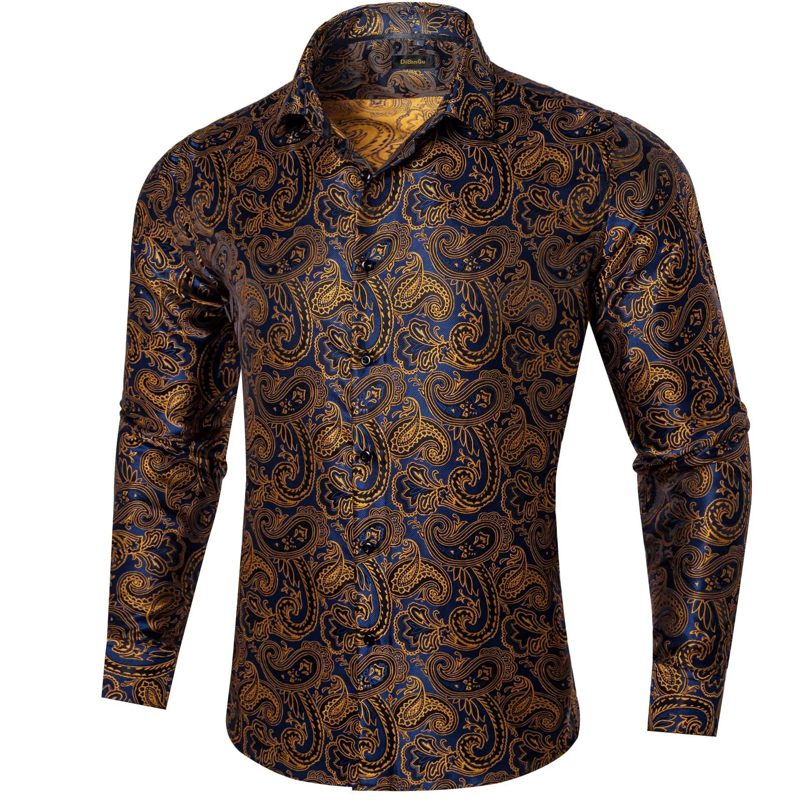 DiBanGu Tuxedo Shirt Blue Gold Paisley Silk Button Down Men's Dress Shirt