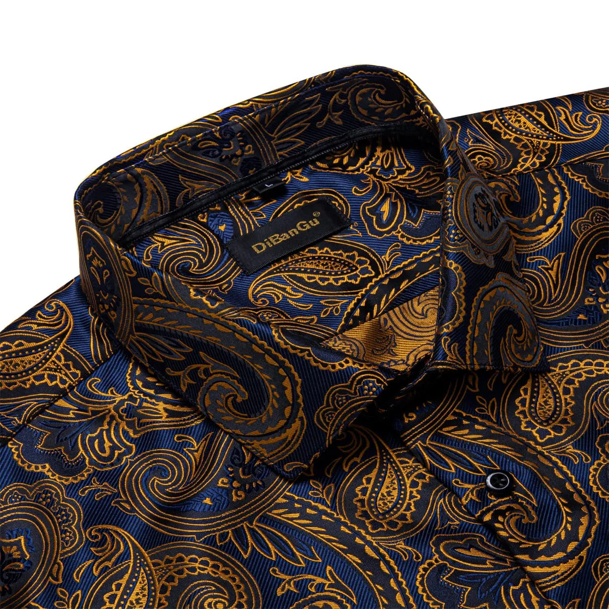 DiBanGu Tuxedo Shirt Blue Gold Paisley Silk Button Down Men's Dress Shirt