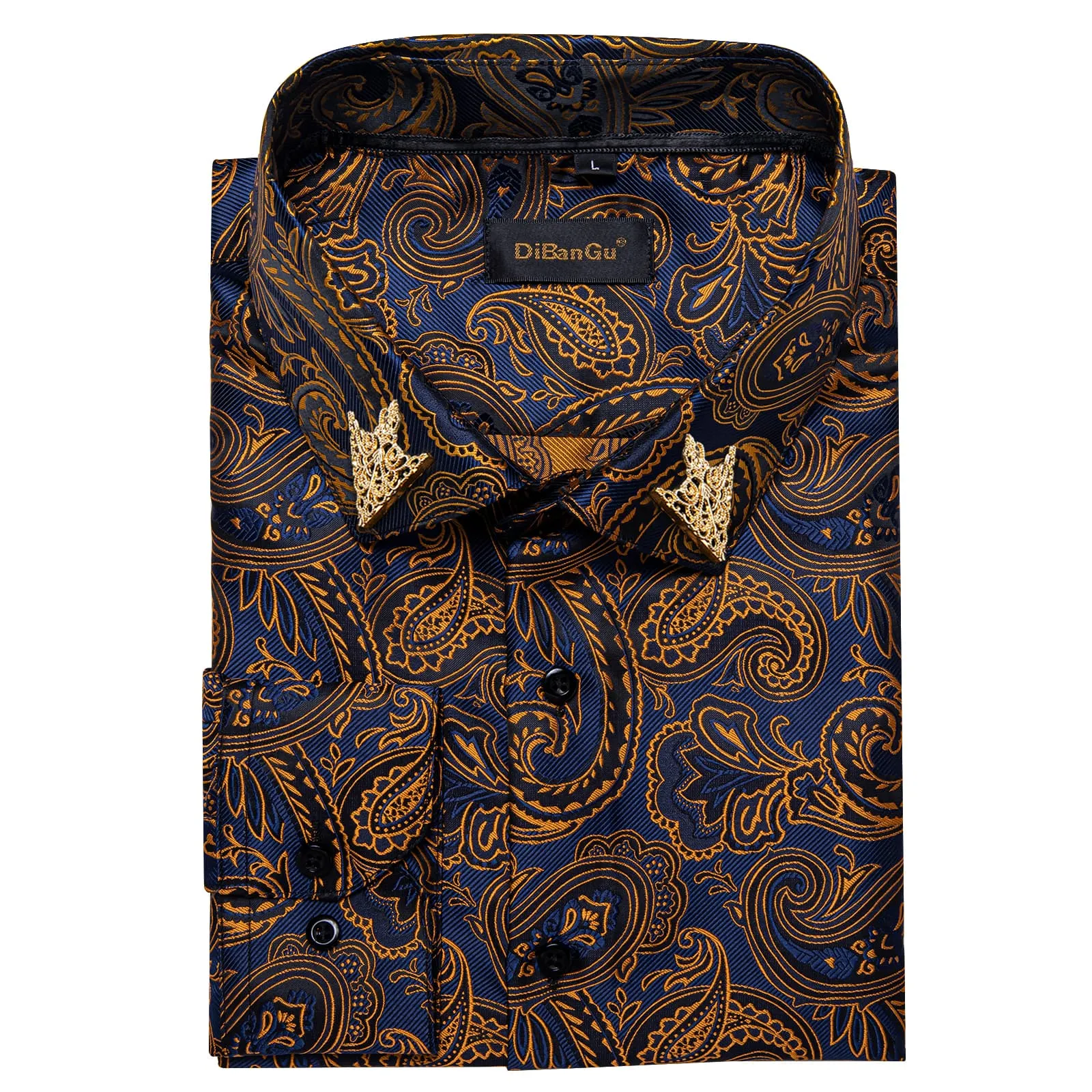 DiBanGu Tuxedo Shirt Blue Gold Paisley Silk Button Down Men's Dress Shirt