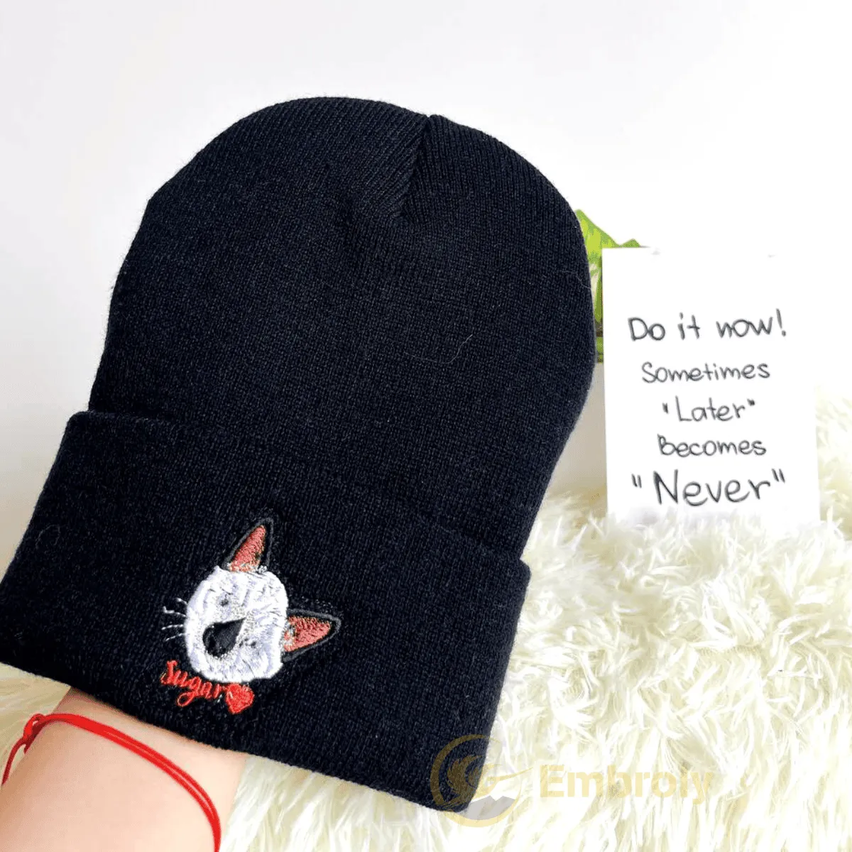 Embroidered Beanie With Pet Full Color Embroidery, Customized Hat With Pet Name On The Side