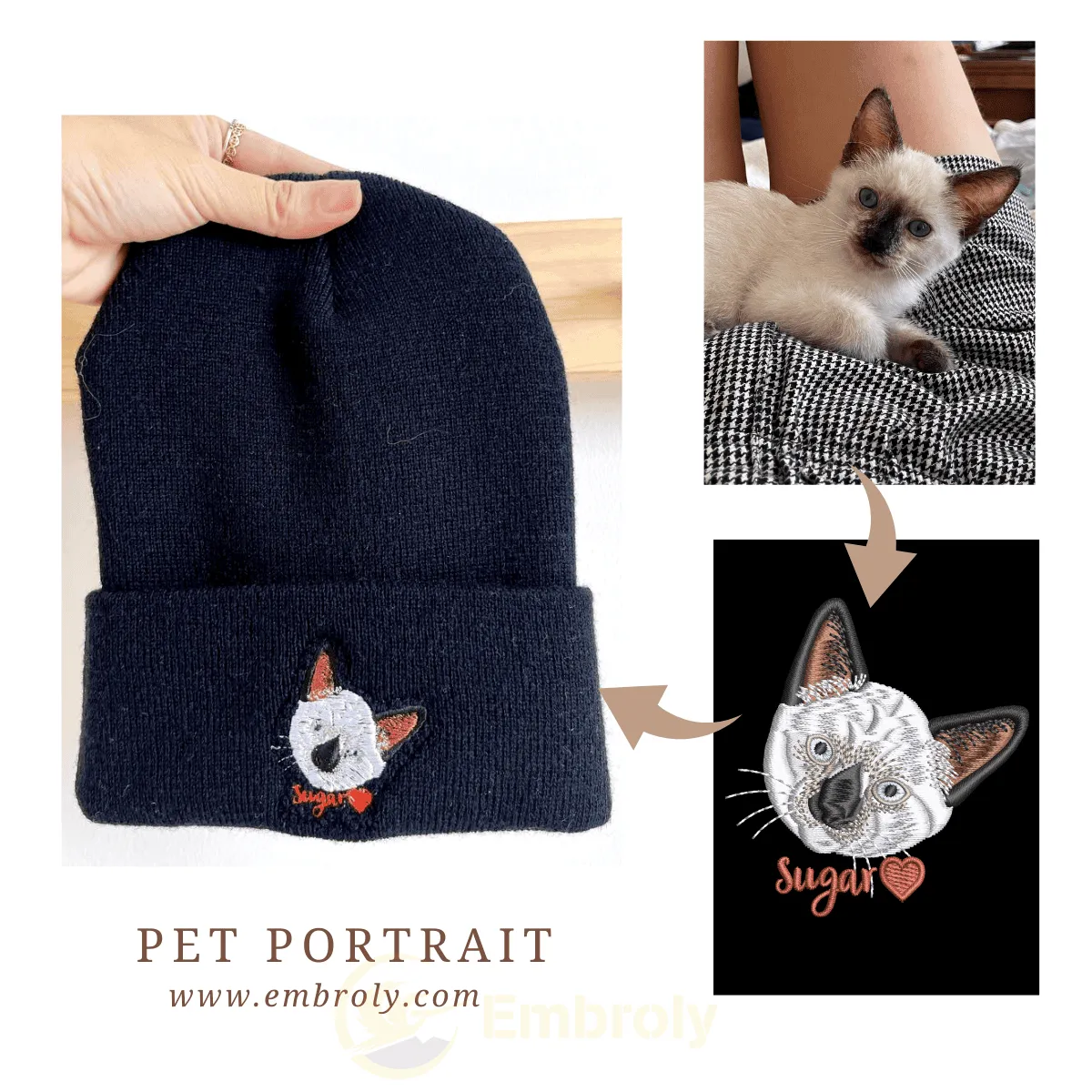 Embroidered Beanie With Pet Full Color Embroidery, Customized Hat With Pet Name On The Side