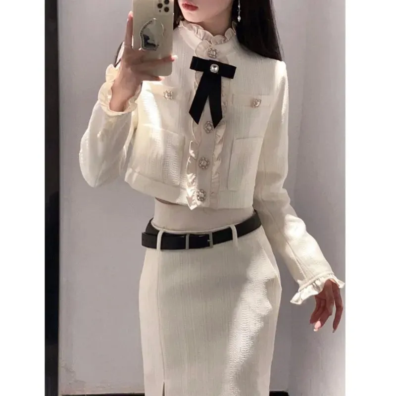 Fashionkova Korean Fashion Elegant Two-piece Skirt Set Women Crop Jacket Coat Bodycon High Waist Midi Skirt Autumn Winter New Luxury Outfits