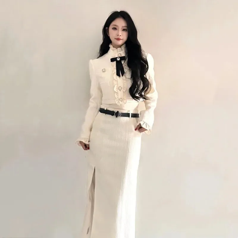 Fashionkova Korean Fashion Elegant Two-piece Skirt Set Women Crop Jacket Coat Bodycon High Waist Midi Skirt Autumn Winter New Luxury Outfits