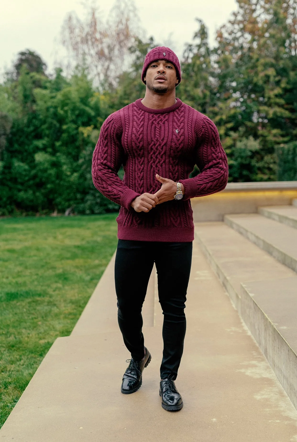 Father Sons Burgundy Twisted Braid Weave Super Slim Sweater With Gunmetal Decal - FSJ043