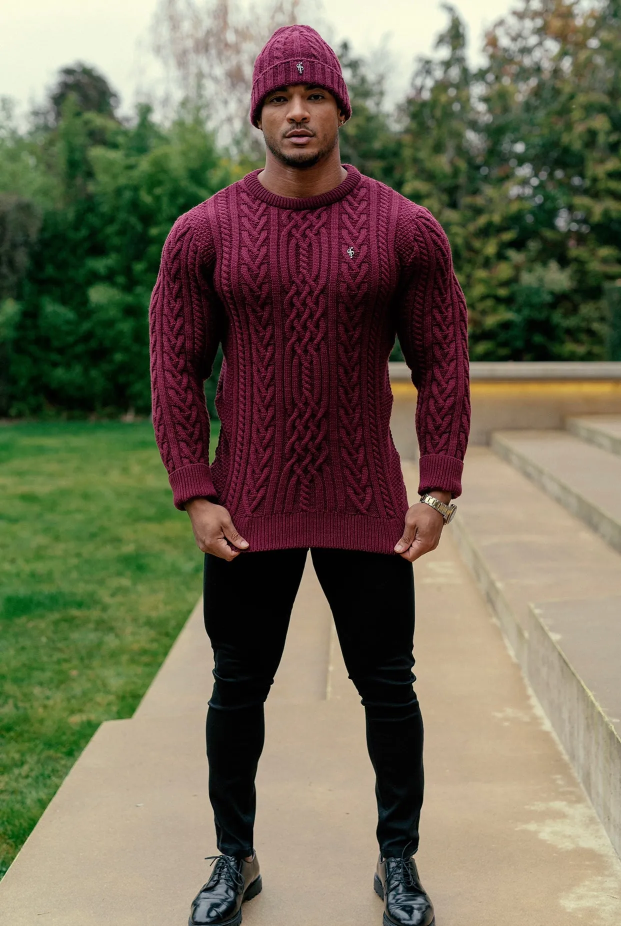 Father Sons Burgundy Twisted Braid Weave Super Slim Sweater With Gunmetal Decal - FSJ043