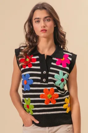 Flower Patch Striped Half Button Sweater Vest