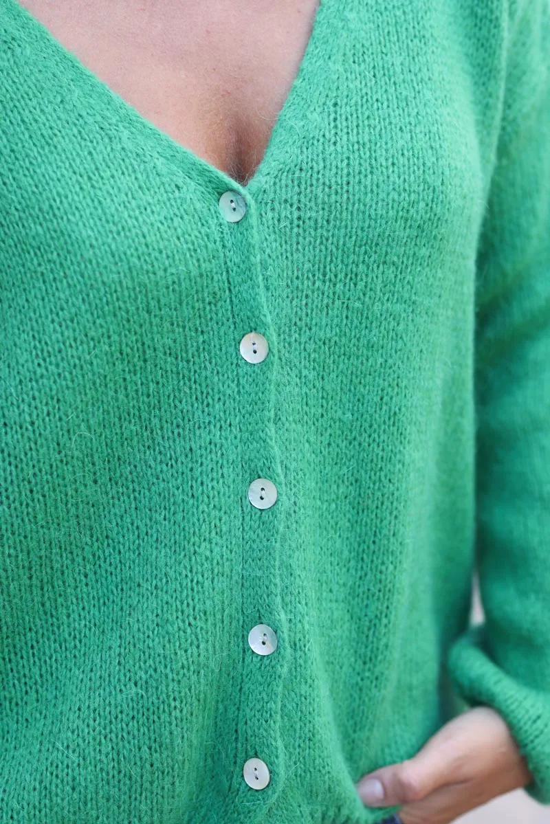 Gilet vert petite maille boutons nacrés