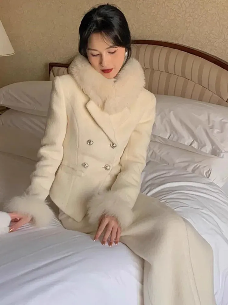 Girlary High-end White Blazer Skirt Suit for Women Elegant 2-piece Set Double Breasted Fur Cuffs Blazer Coat Irregular Button Midi Dress