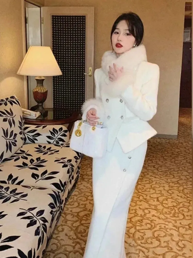 Girlary High-end White Blazer Skirt Suit for Women Elegant 2-piece Set Double Breasted Fur Cuffs Blazer Coat Irregular Button Midi Dress