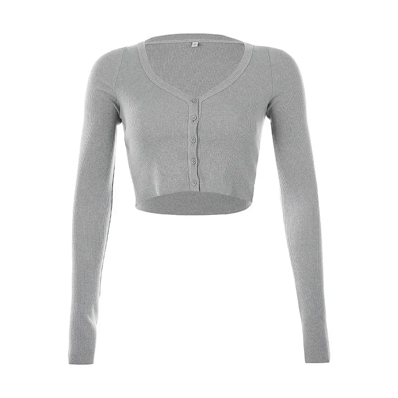 Girlary Knitted Buttons Crop Cardigan Top Women V-Neck Split Long Sleeve Slim Single Breasted Autumn American Casual Sweater Coat