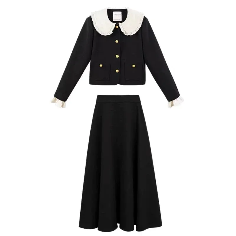 Girlary Winter Elegant Two Piece Set Women Vintage Button Crop Coat Midi Skirt Set Autumn Vintage Slim Office Lady Fashion Design Sets