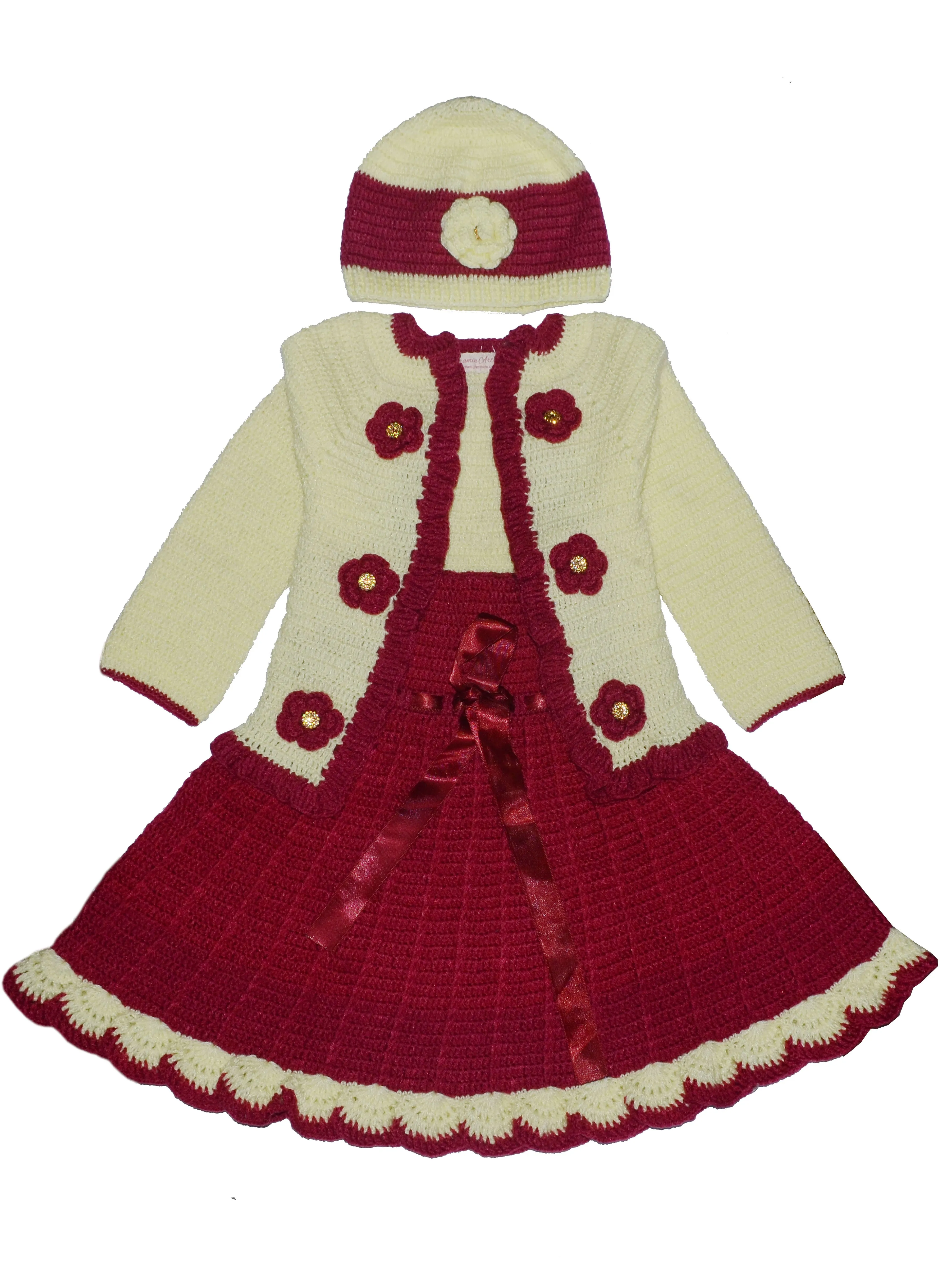 Graceful Handmade Design Frock Set With Full Sleeve Jacket & Beanie Cap- Maroon & Banana