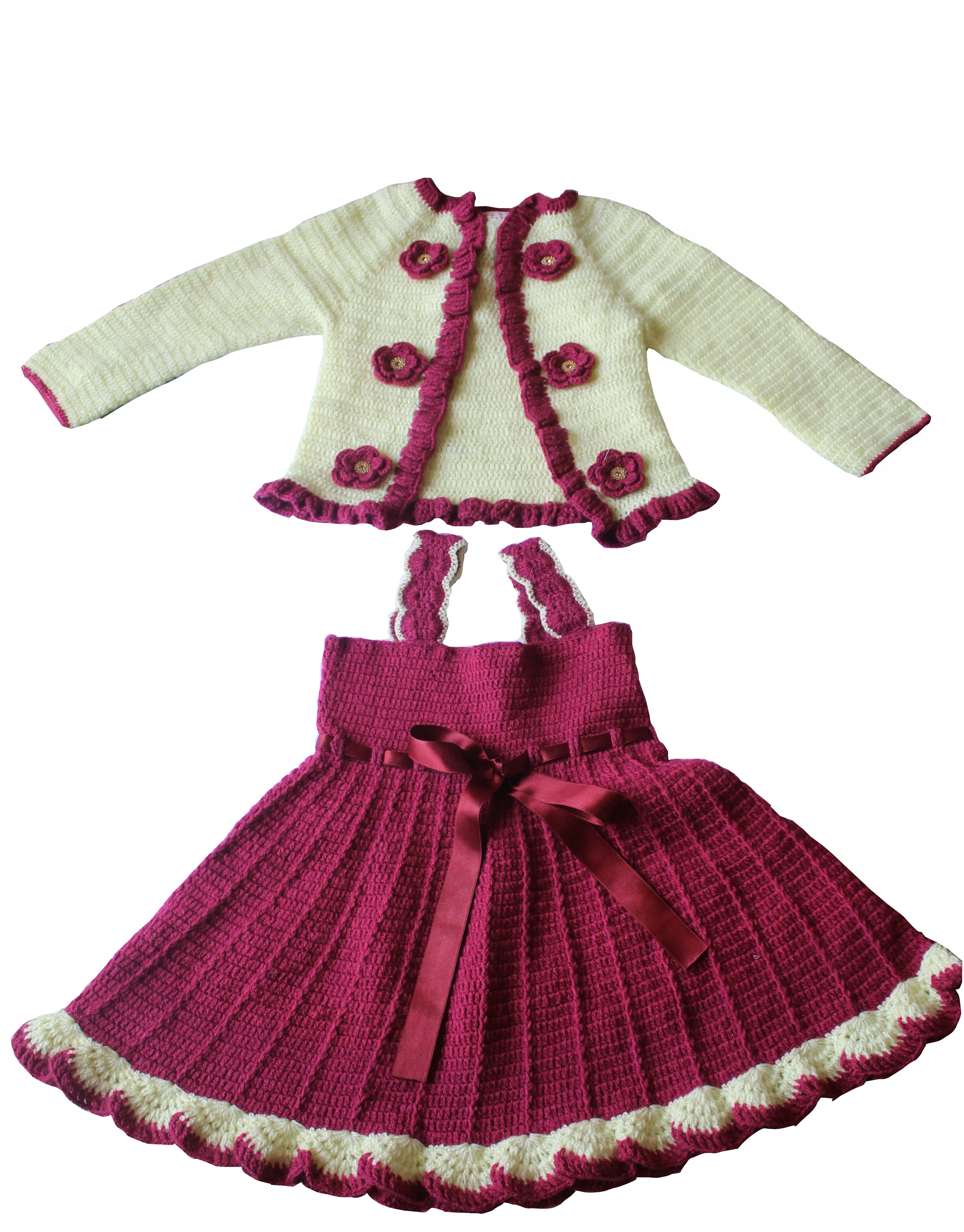 Graceful Handmade Design Frock Set With Full Sleeve Jacket & Beanie Cap- Maroon & Banana