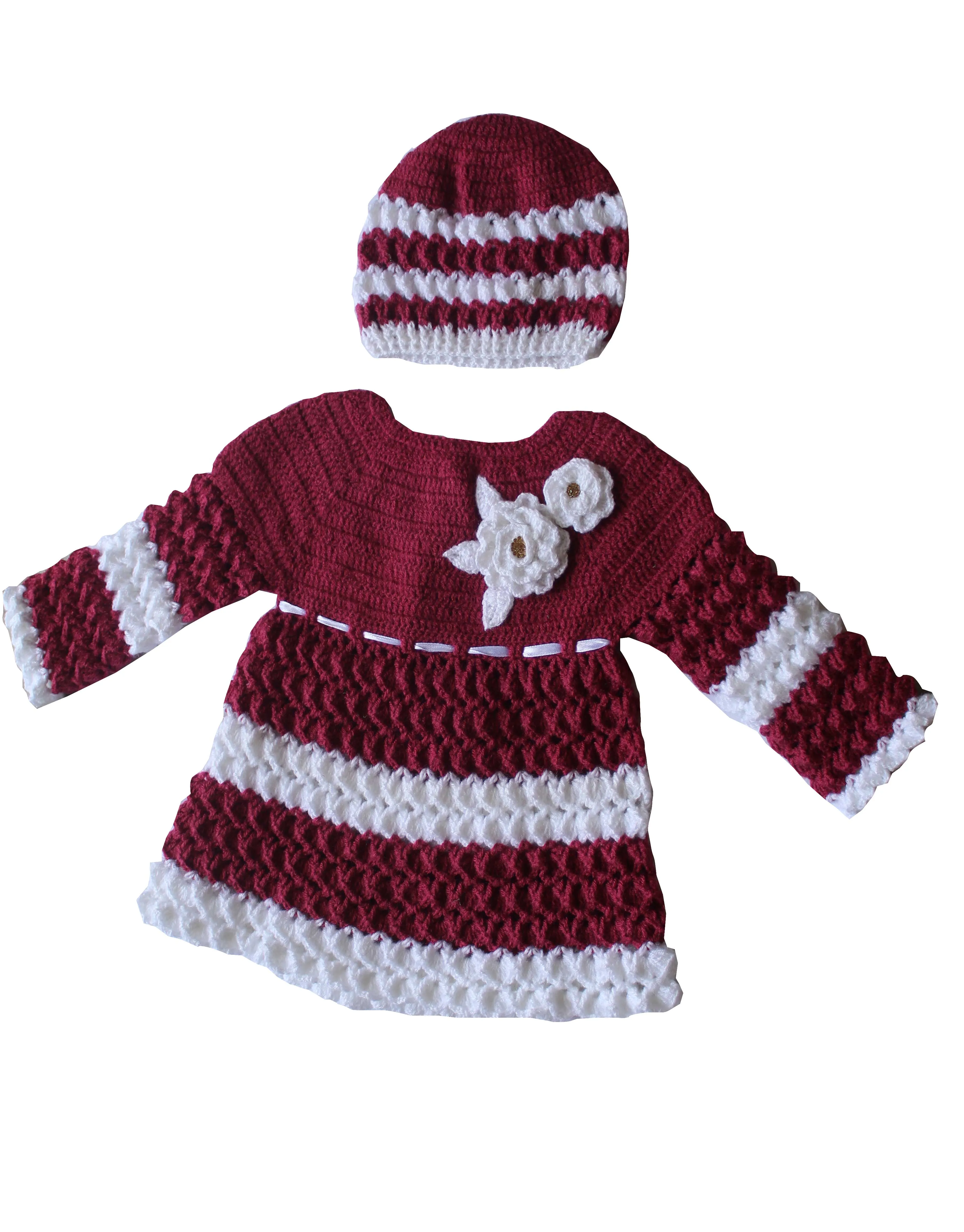 Graminarts Beautiful Handmade Crochet Design Frock With Cap For Baby Girl- Indian Red & White