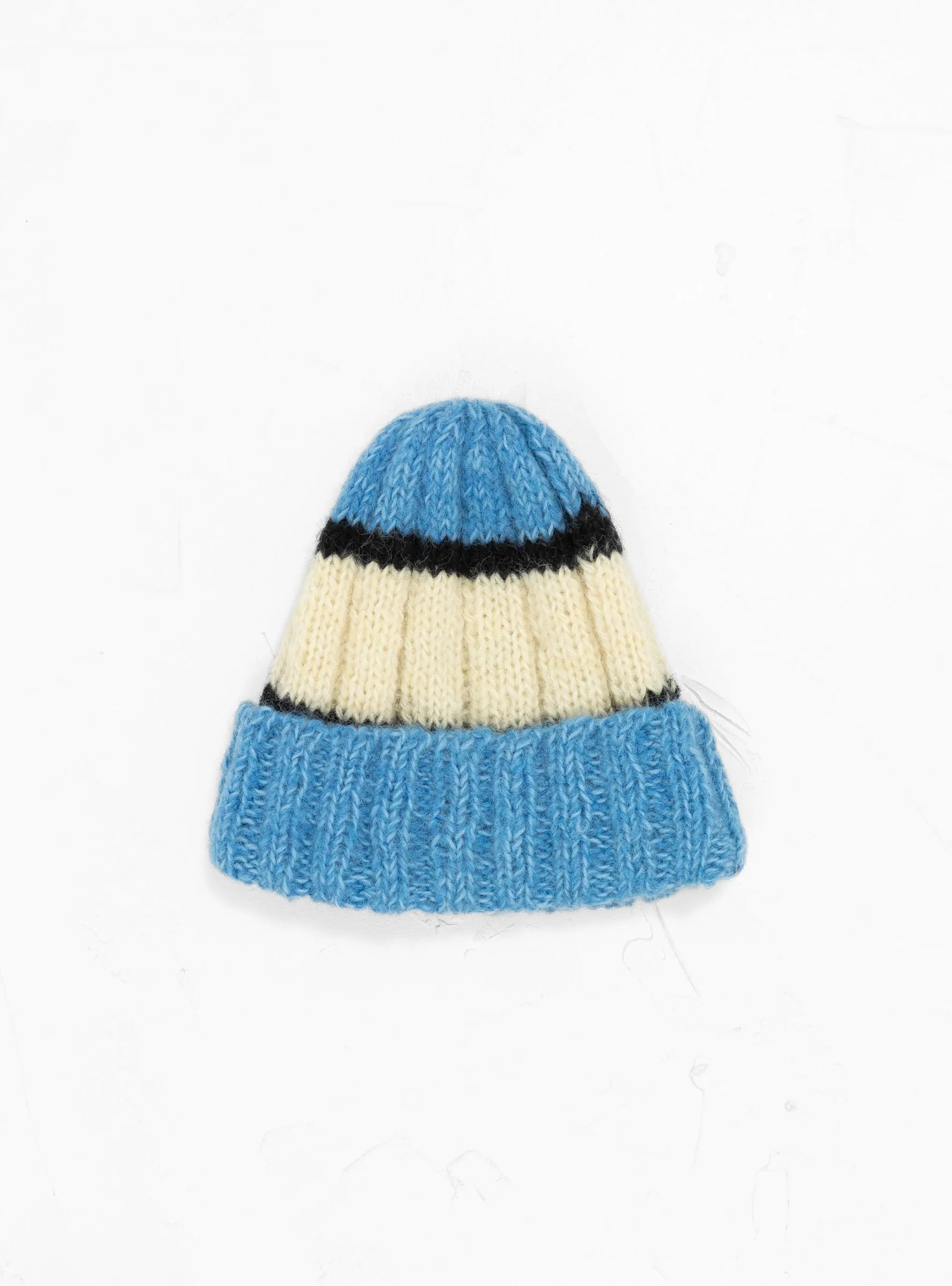 Hand Knit Line Beanie Blue & White