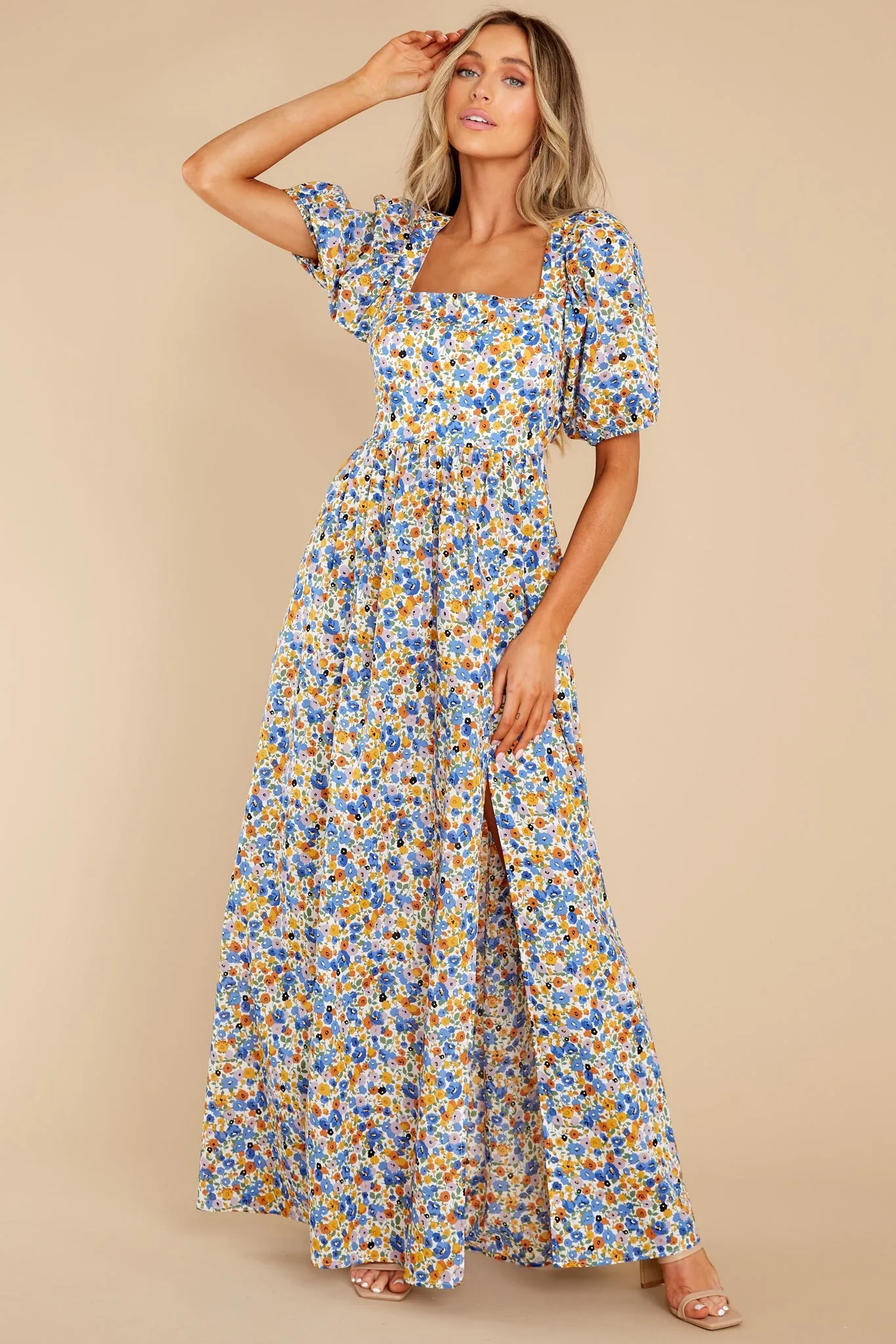 Have A Field Day Blue Floral Print Cotton Maxi Dress