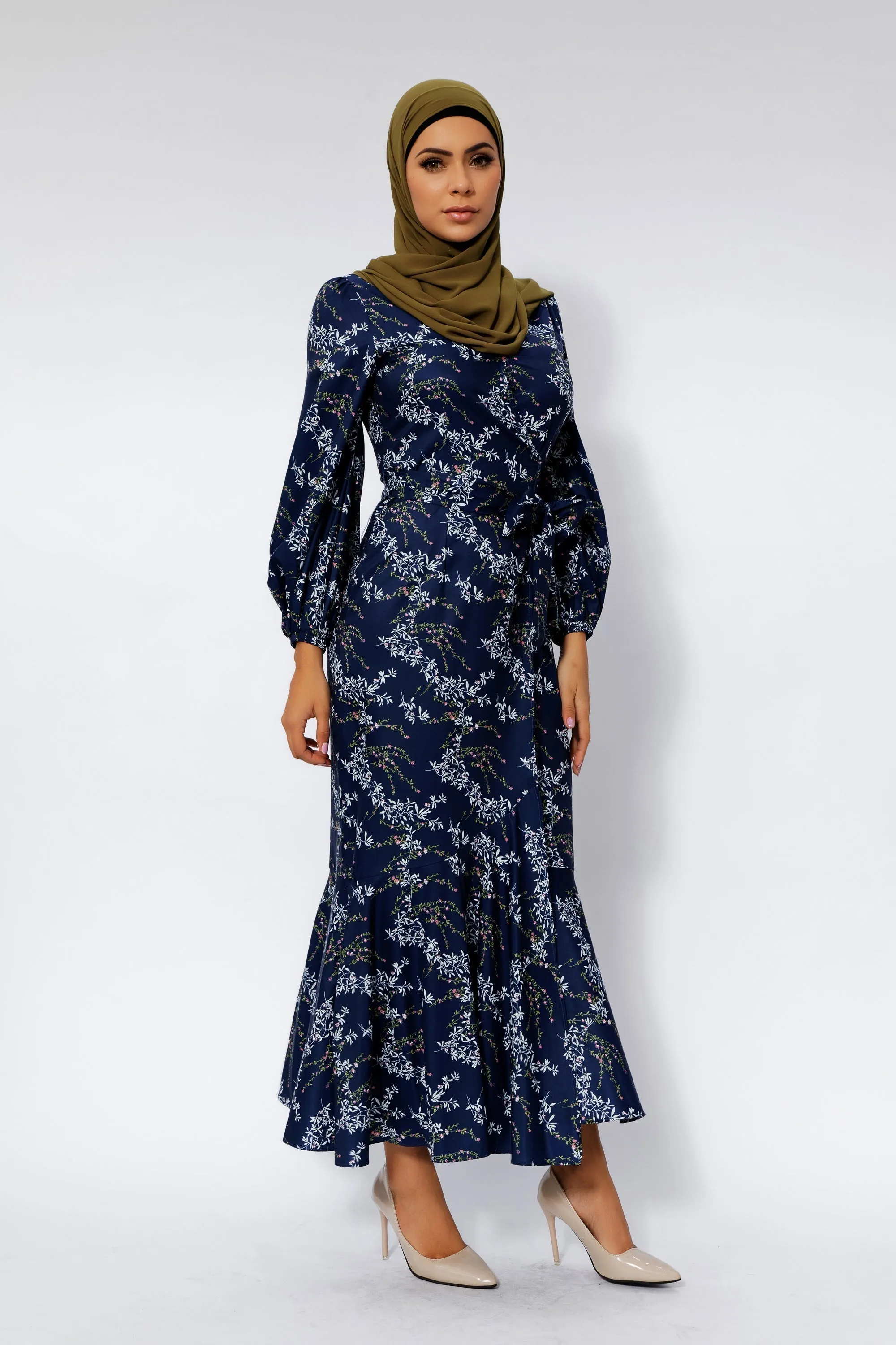 Heavenly Blue Floral Ruffle Faux Wrap Maxi Dress