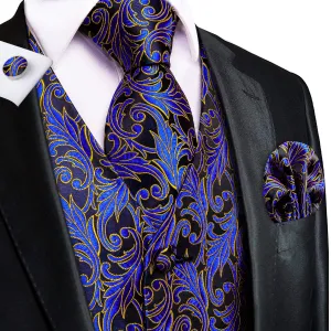 Hi-Tie Black Blue Yellow Paisley Silk Vest Tie Set Waistcoat Suit Set