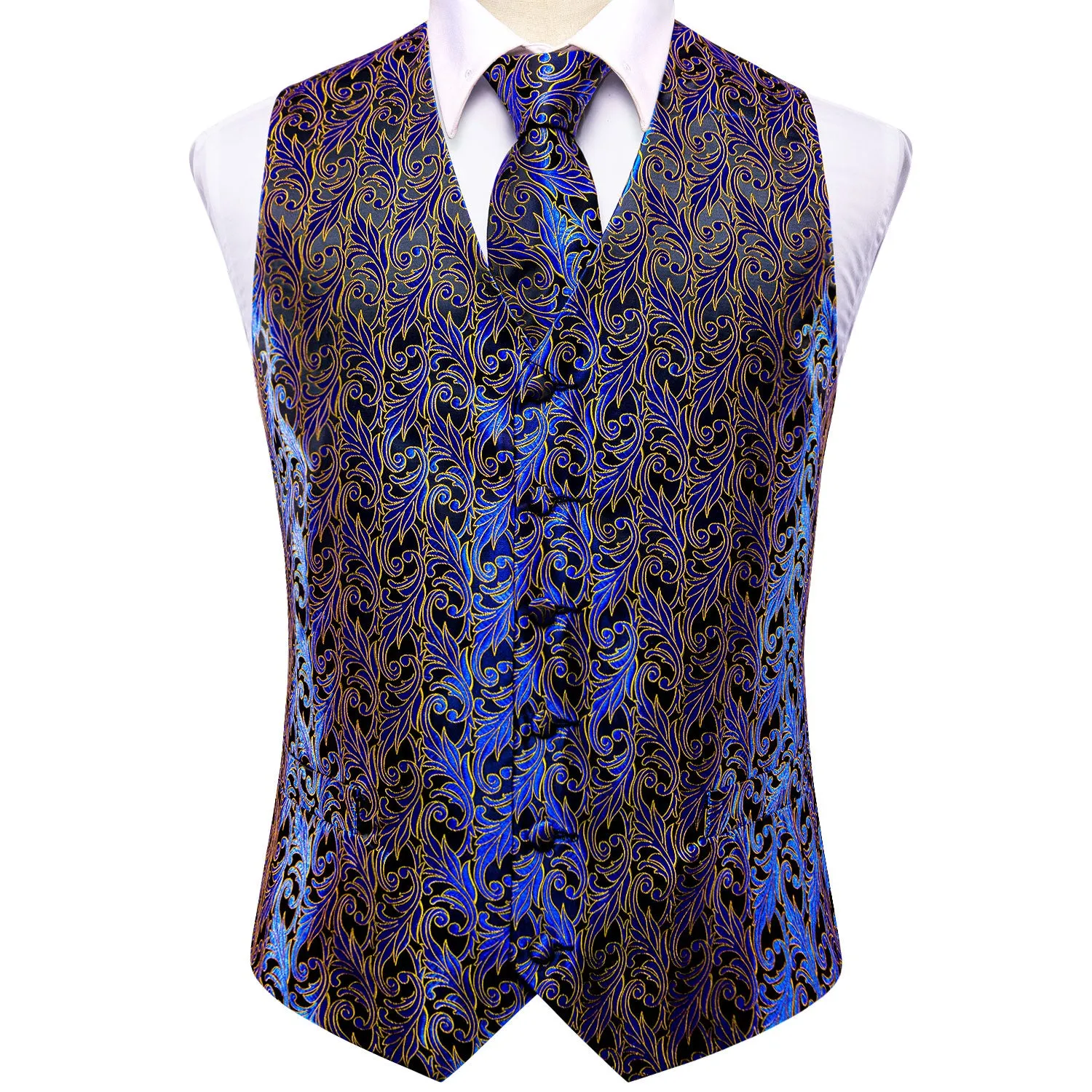 Hi-Tie Black Blue Yellow Paisley Silk Vest Tie Set Waistcoat Suit Set