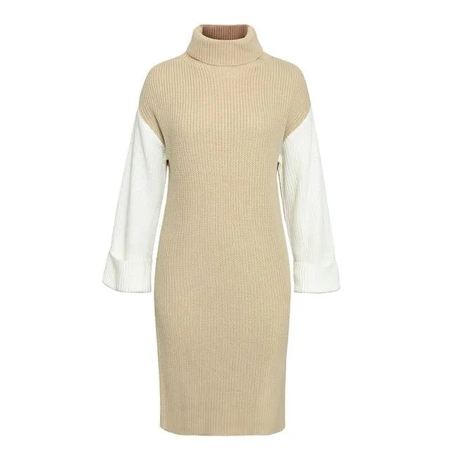 High Fashion Patchwork Casual Turtleneck Winter Long Knitted Sweater Dress