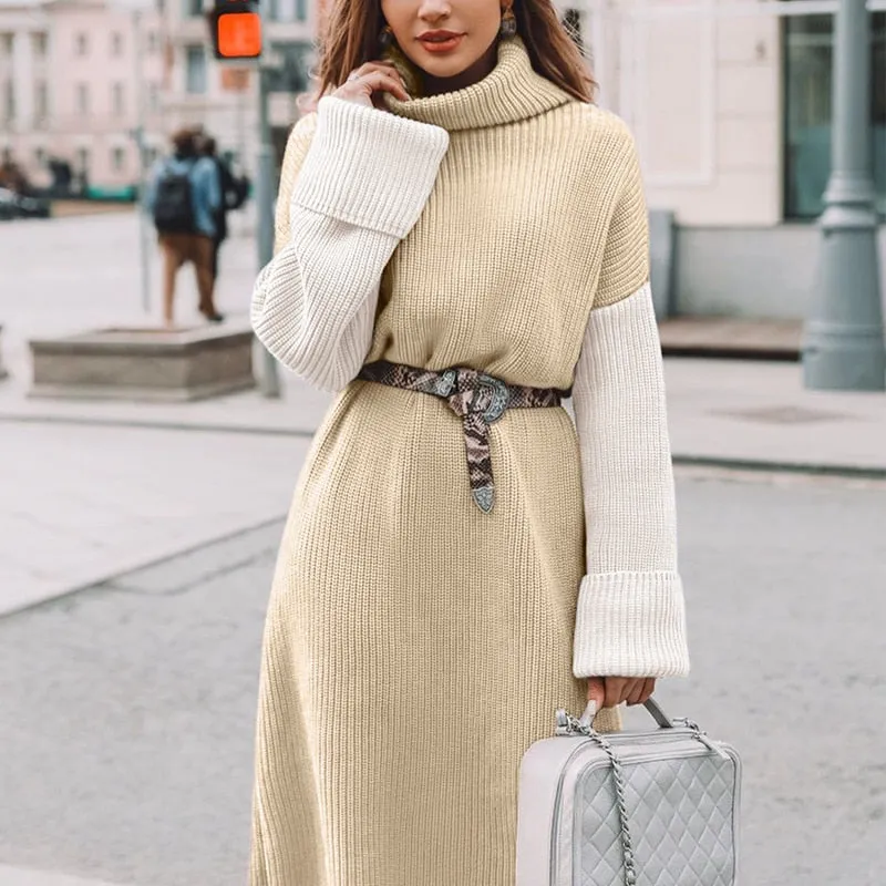 High Fashion Patchwork Casual Turtleneck Winter Long Knitted Sweater Dress