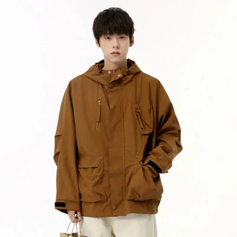 High Street Men's Jackets Multi-pockets Hooded Drawstring Loose Tops Solid Color Casual Outdoor Coats Stylish 9C6889