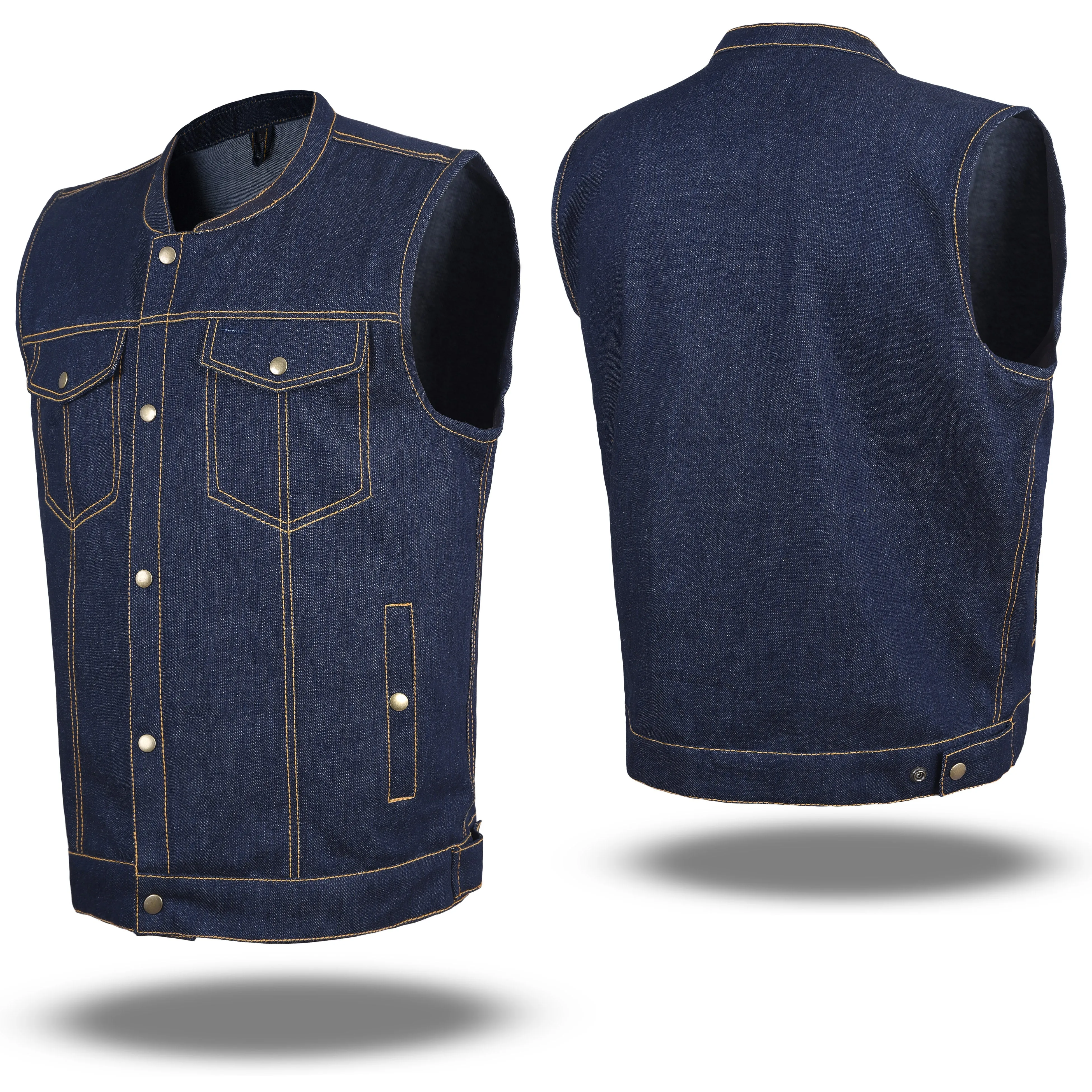 HLDM21687 BLUE MEN DENIM VEST CONTRAST THREAD M/O 100% COTTON