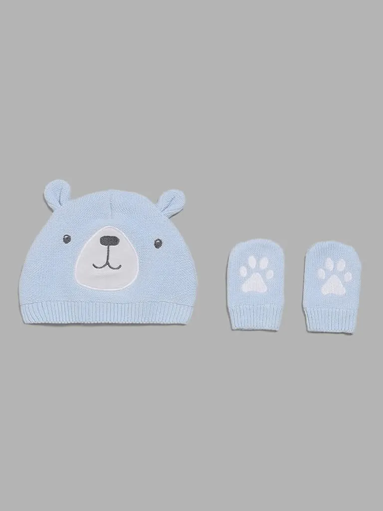 HOP Baby Pastel Blue Bear Embroidery Beanie with Paw Mitten Set