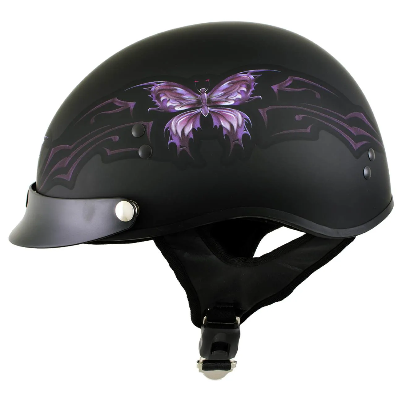 Hot Leathers HLT70 'Purple Butterfly' Flat Black Advanced DOT Motorcycle Half Face Biker Helmet