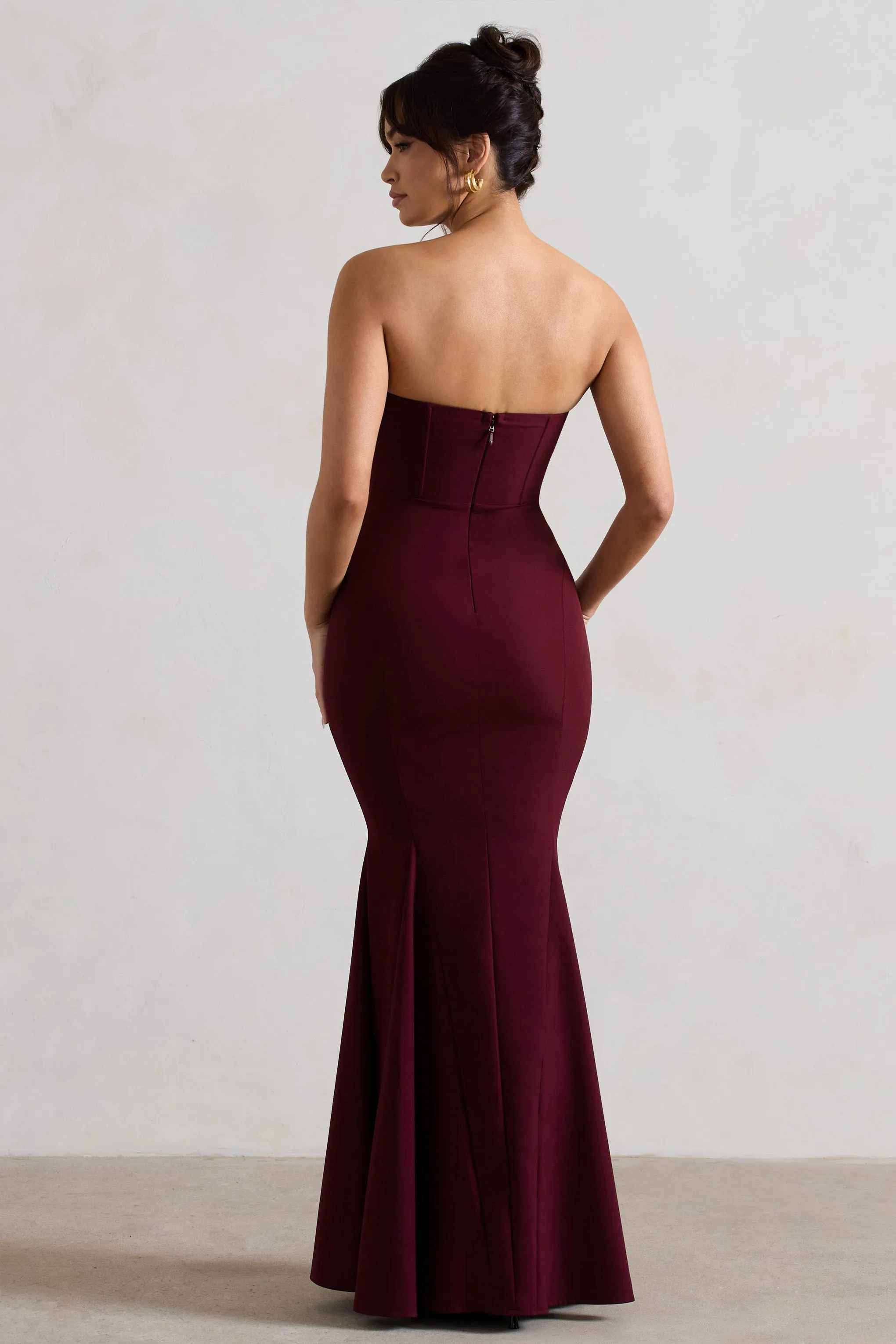 Idyllic | Burgundy Strapless Corset Style Fishtail Maxi Dress