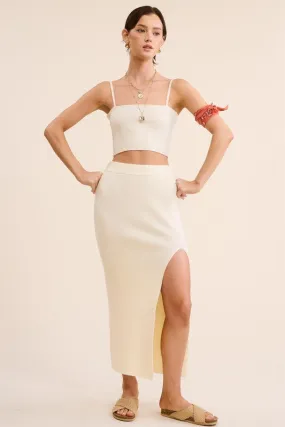 Ivory Solid Ribbed-Knit Tank And Midi Slit Skirt