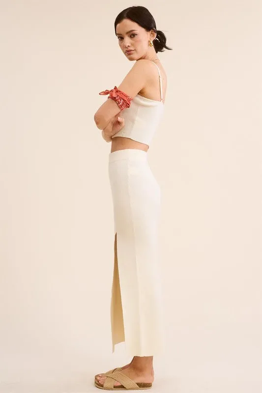 Ivory Solid Ribbed-Knit Tank And Midi Slit Skirt