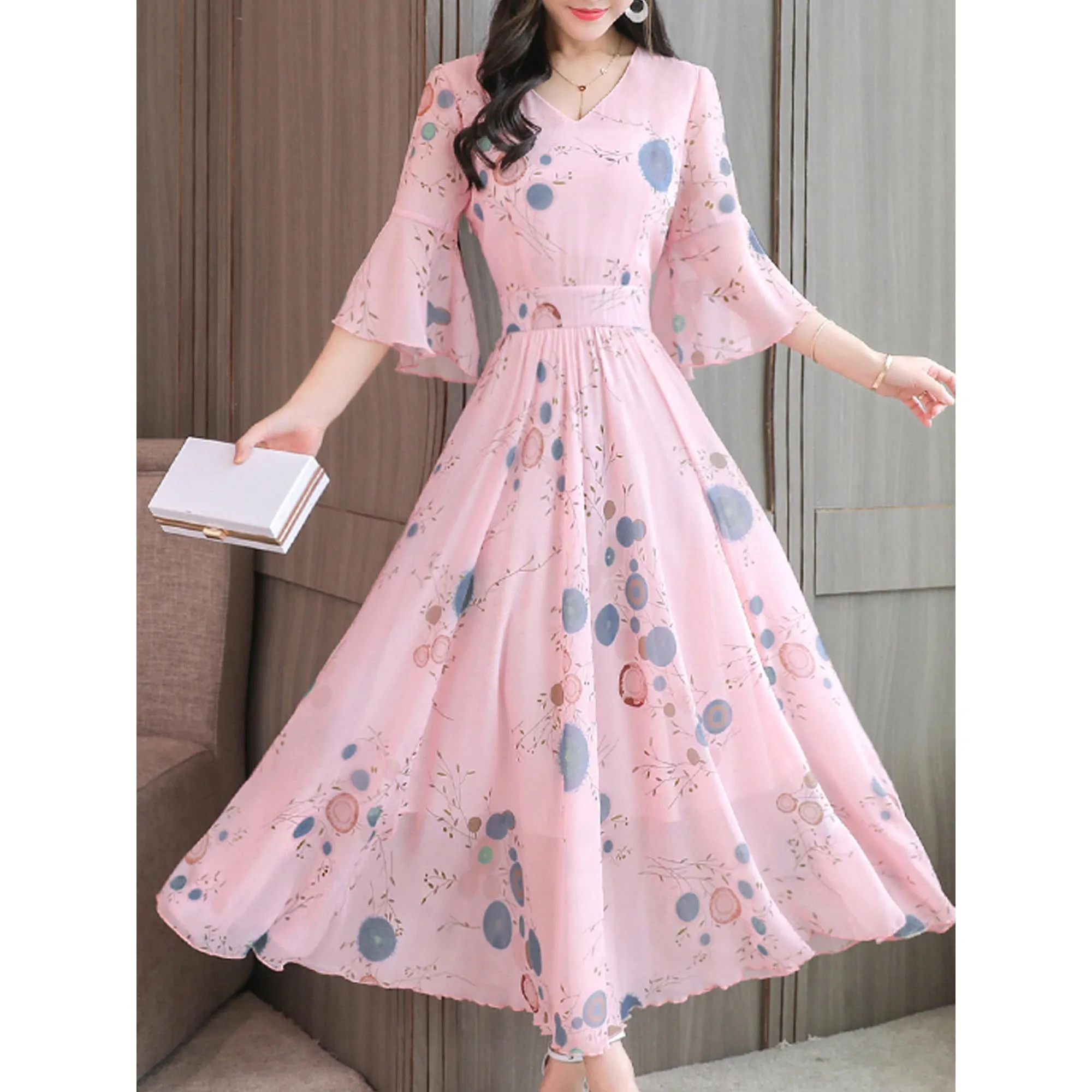 Ketty More Women Bell Sleeve Slim Fit Long Chiffon Dress-KMWDC8977