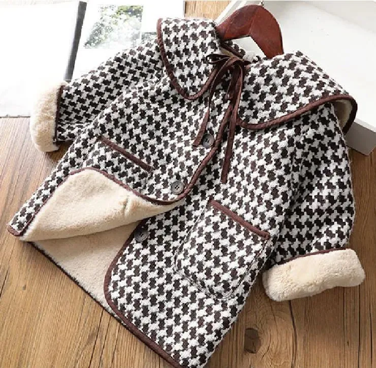 Kids Girl Overcoat Winter New Fashion Houndstooth Wool Coat for Girls Teens Autumn Jacket Warm Long Outerwear Children Windproof