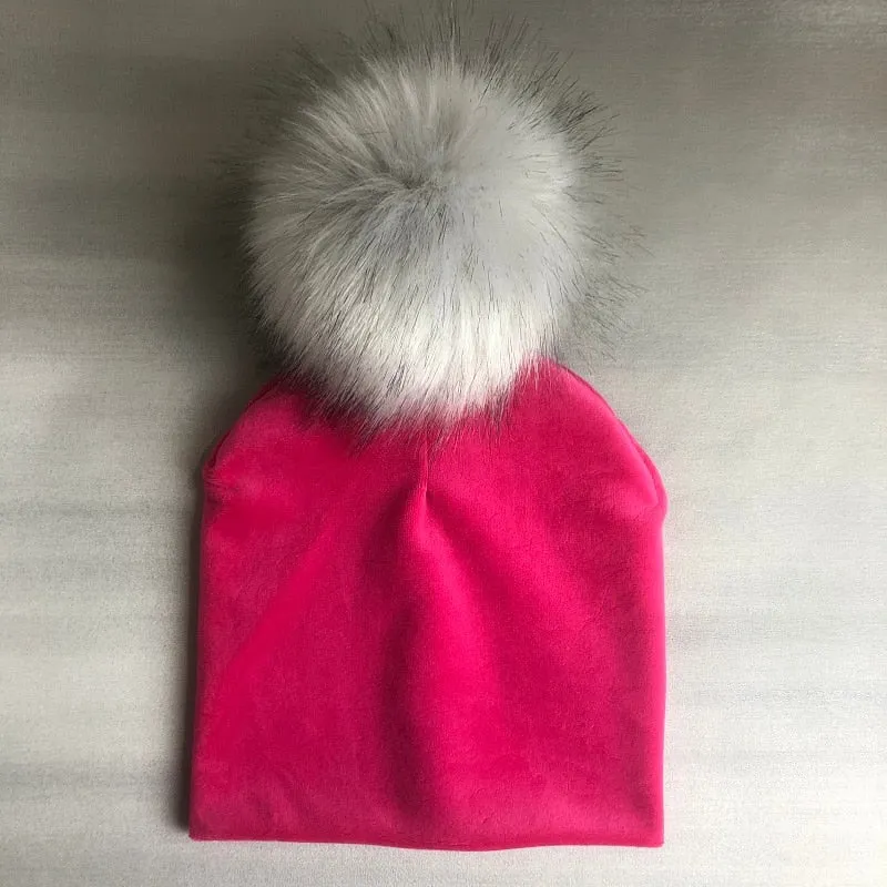 Kids Girls Solid Velvet Hat with Pompon Baby Cap Children's Accessories