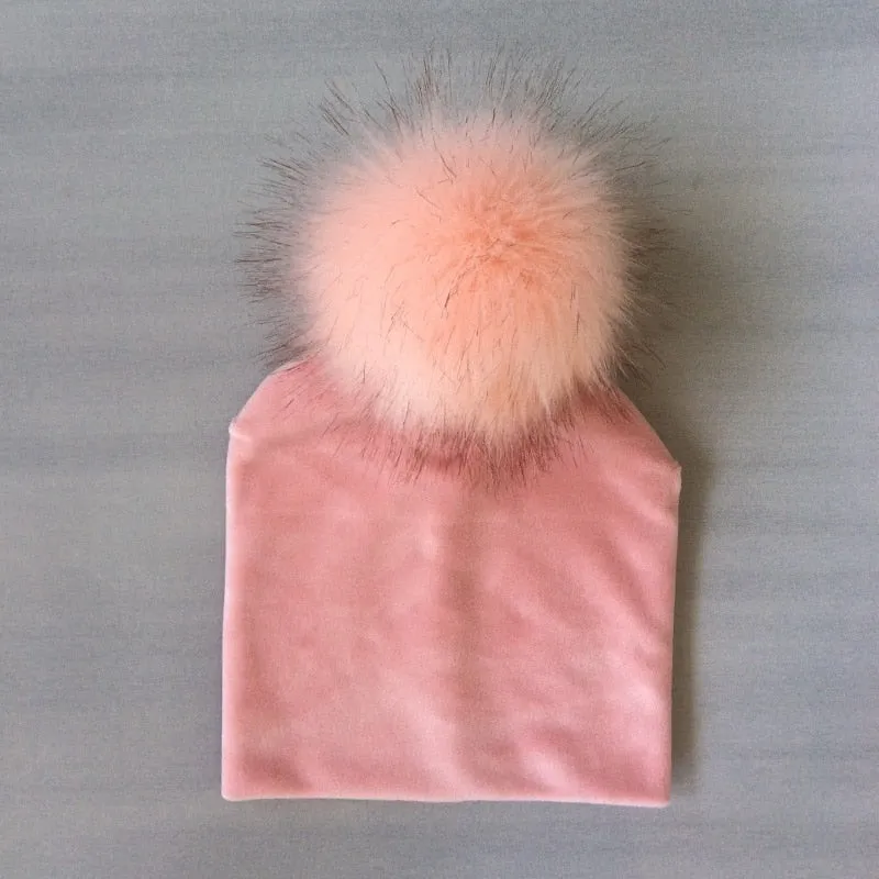 Kids Girls Solid Velvet Hat with Pompon Baby Cap Children's Accessories