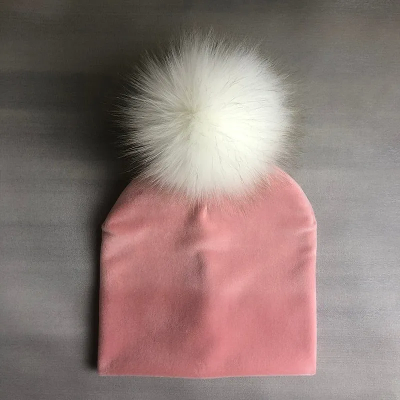 Kids Girls Solid Velvet Hat with Pompon Baby Cap Children's Accessories