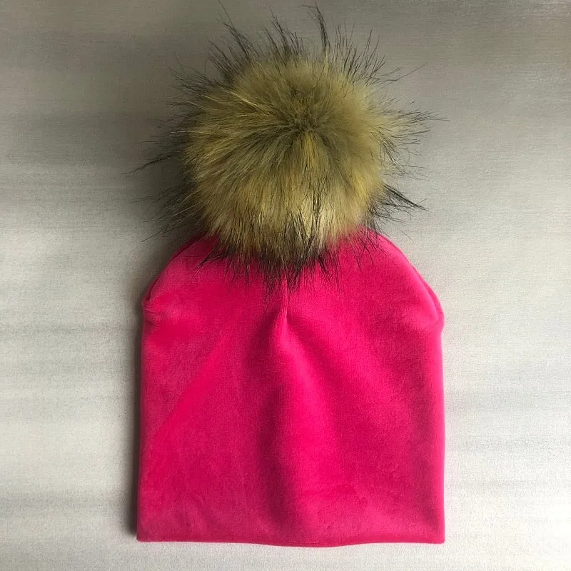 Kids Girls Solid Velvet Hat with Pompon Baby Cap Children's Accessories