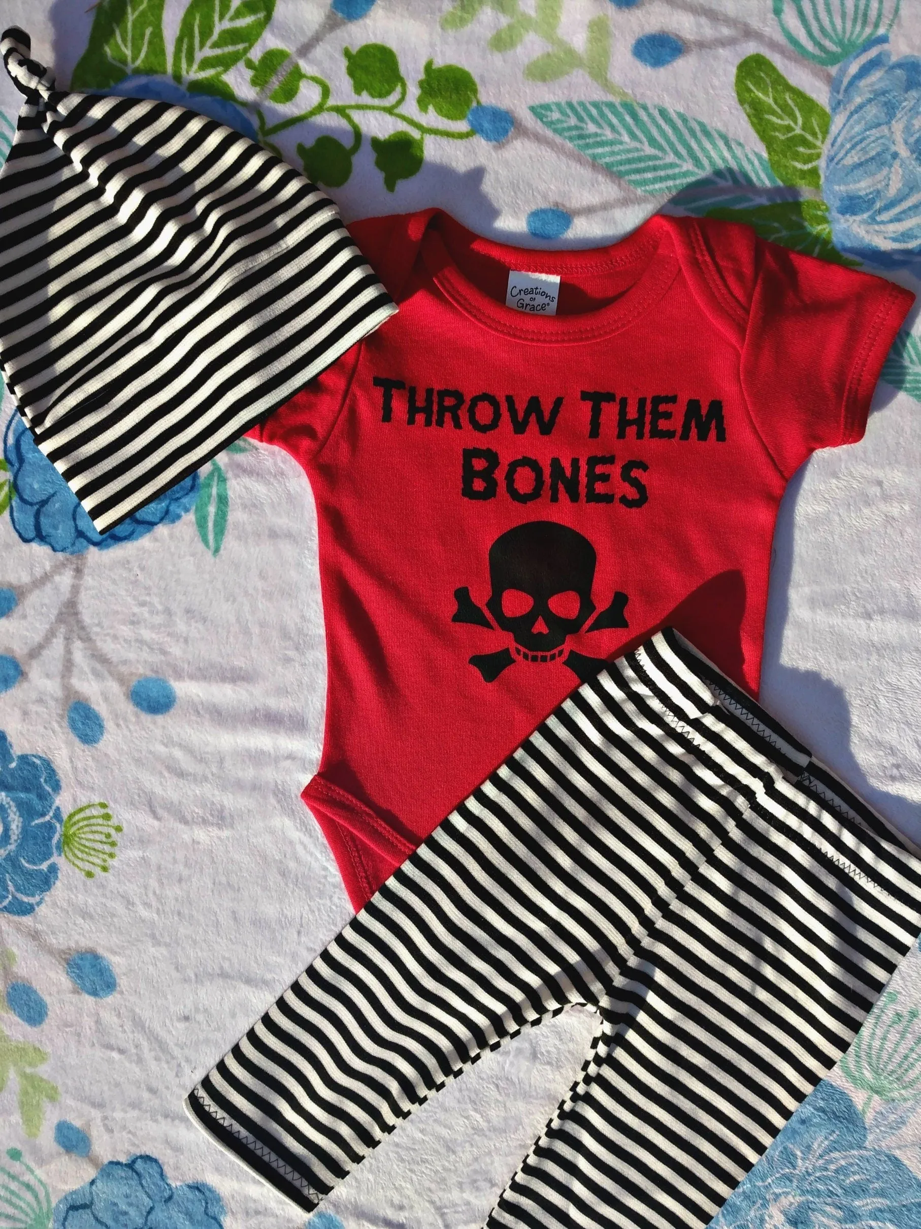 Kids Nebraska Outfit / Black White Stripe Joggers   Beanie or Headband   Throw Them Bones Bodysuit or Tee,Handmade Baby Gift,Toddler Neb