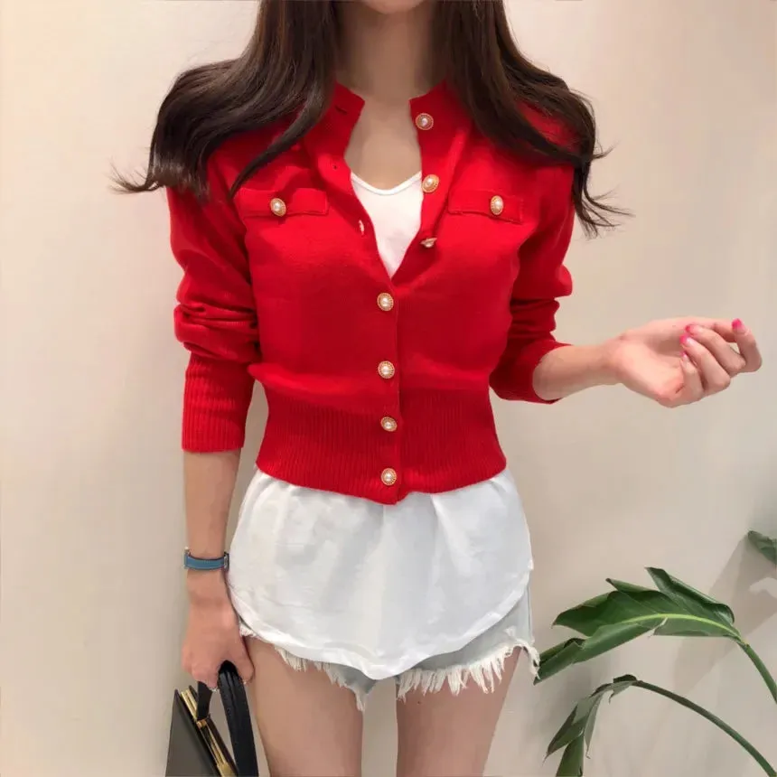 Knitted Cardigan Sweater Fashion Women Autumn Long Sleeve Short Coat Korean Single Breasted Slim Crop Tops Casual Pull Femme