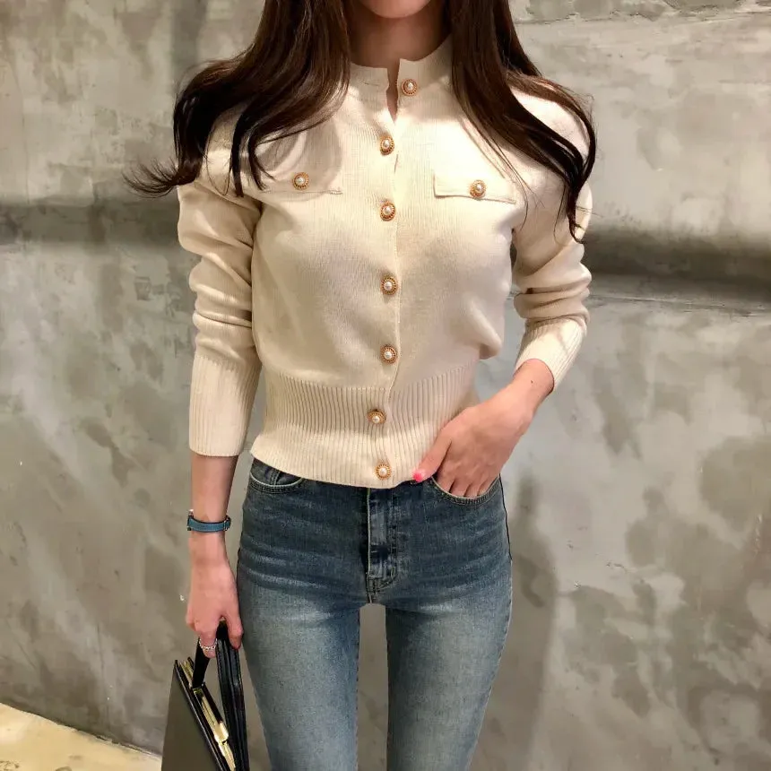 Knitted Cardigan Sweater Fashion Women Autumn Long Sleeve Short Coat Korean Single Breasted Slim Crop Tops Casual Pull Femme