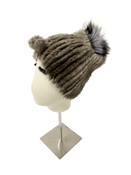 KNITTED MINK BEANIE GREY WITH TUNNEL