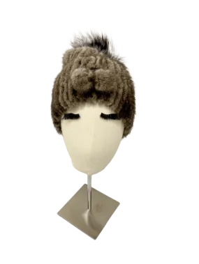 KNITTED MINK BEANIE GREY WITH TUNNEL