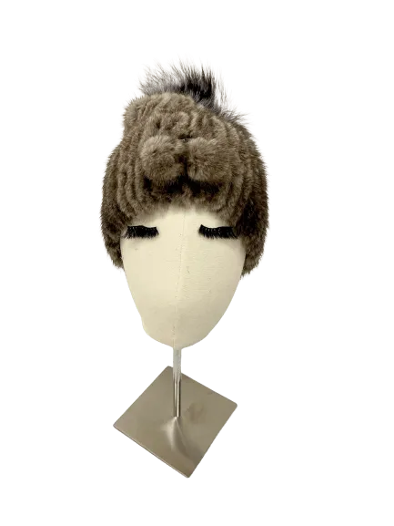 KNITTED MINK BEANIE GREY WITH TUNNEL