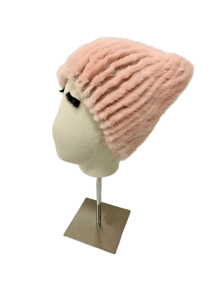 KNITTED MINK BEANIE ROSA