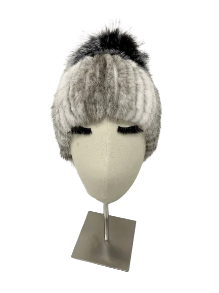 KNITTED MINK BEANIE WHITE/GREY