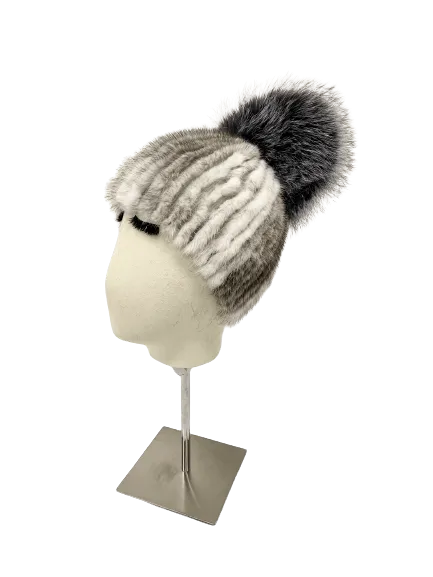 KNITTED MINK BEANIE WHITE/GREY