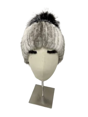 KNITTED MINK BEANIE WHITE/GREY