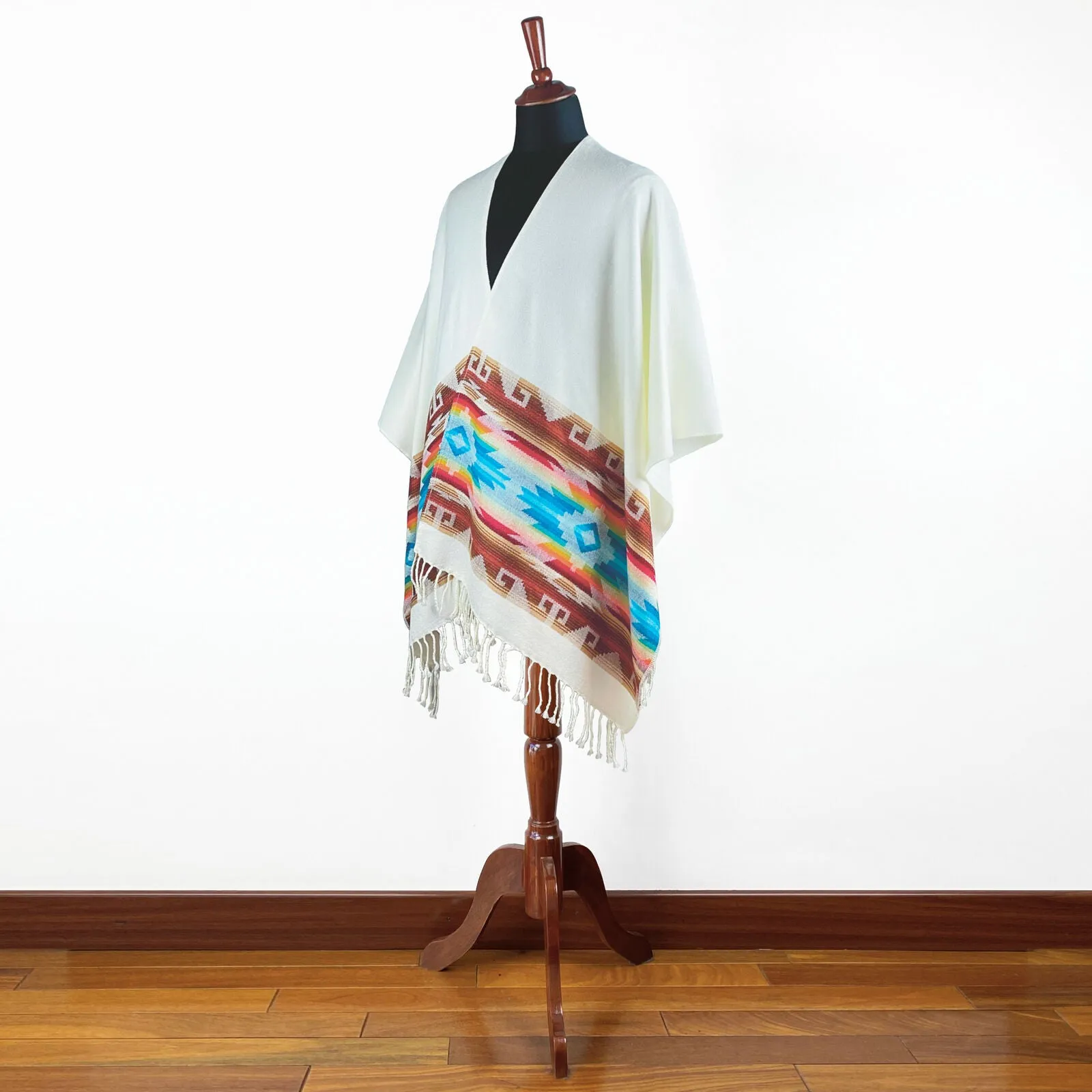 Lightweight Thin Alpaca Wool UNISEX Ruana Cape Poncho/Shawl - White with authentic pattern